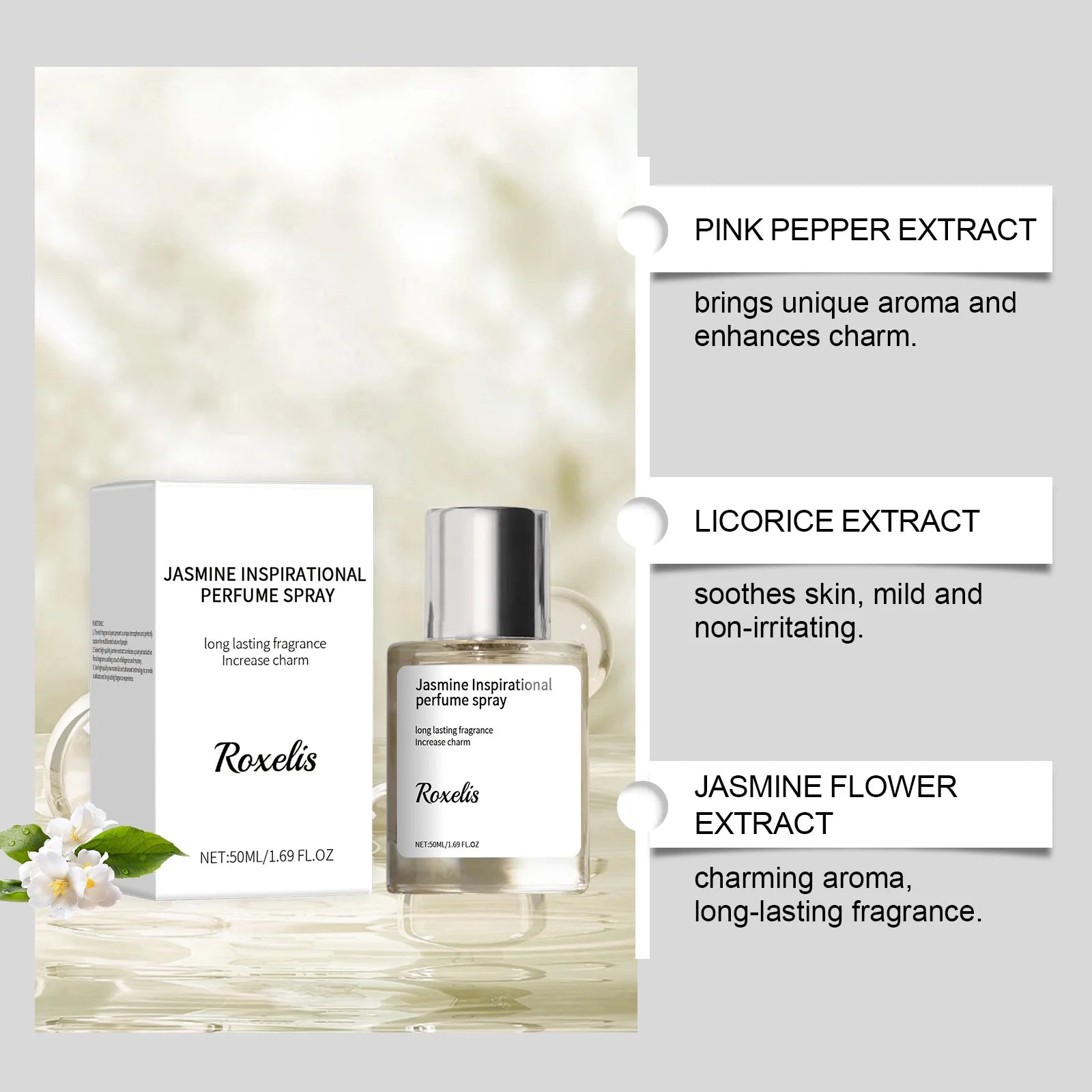 50ml Jasmine Perfume Spray - Attract Pheromone Enhanced Long Lasting Fresh Scent Inspirational Women's Fragrance Dating Charm
