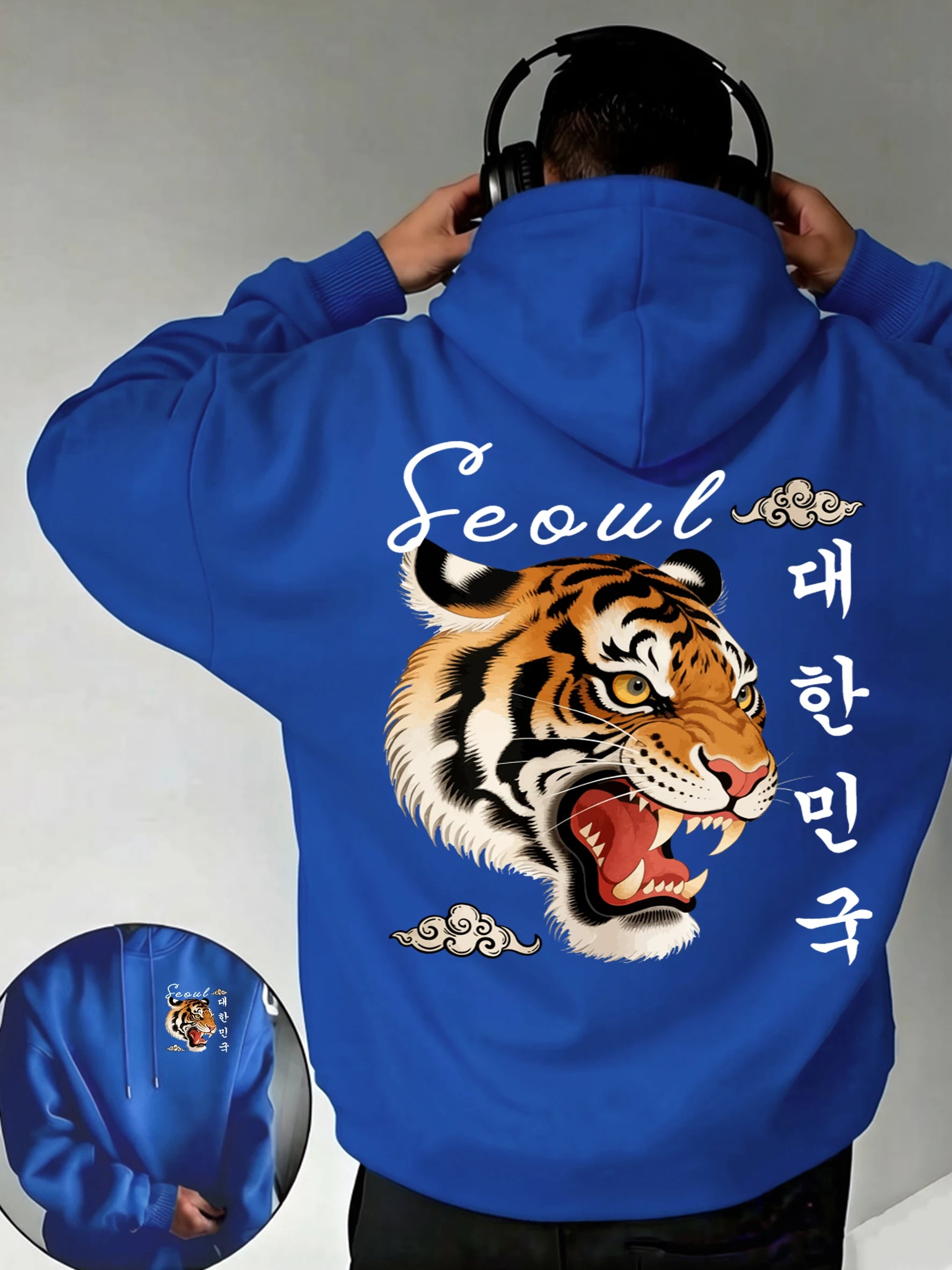 Seoul Korean Style Tigerprints Men Hip Hop Fleece Hoodies Casual Loose All-Match Clothes Unisex Vintage Pocket Long Sleeve