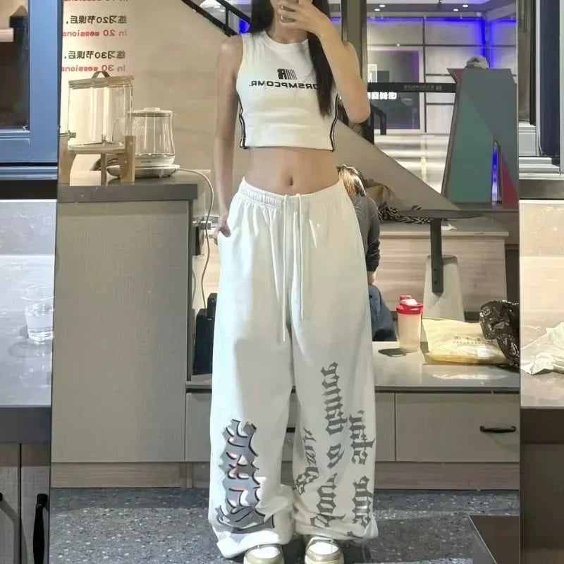 2026 Retro Y2K Women's Wide Leg Track Pants Casual Street Dance Baggy Joggers Sweatpants Trendy Print Letter Design Versatile