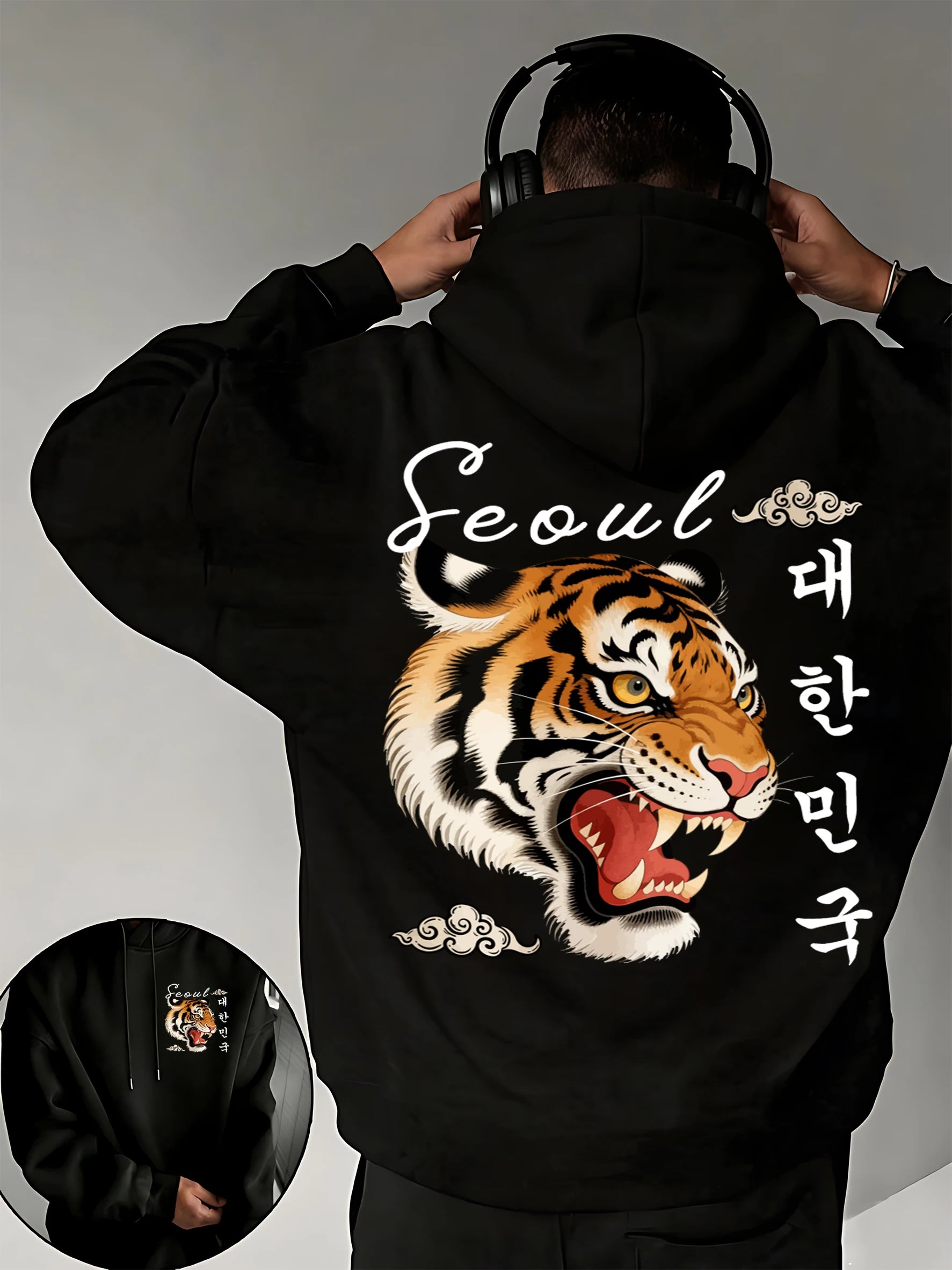 Seoul Korean Style Tigerprints Men Hip Hop Fleece Hoodies Casual Loose All-Match Clothes Unisex Vintage Pocket Long Sleeve