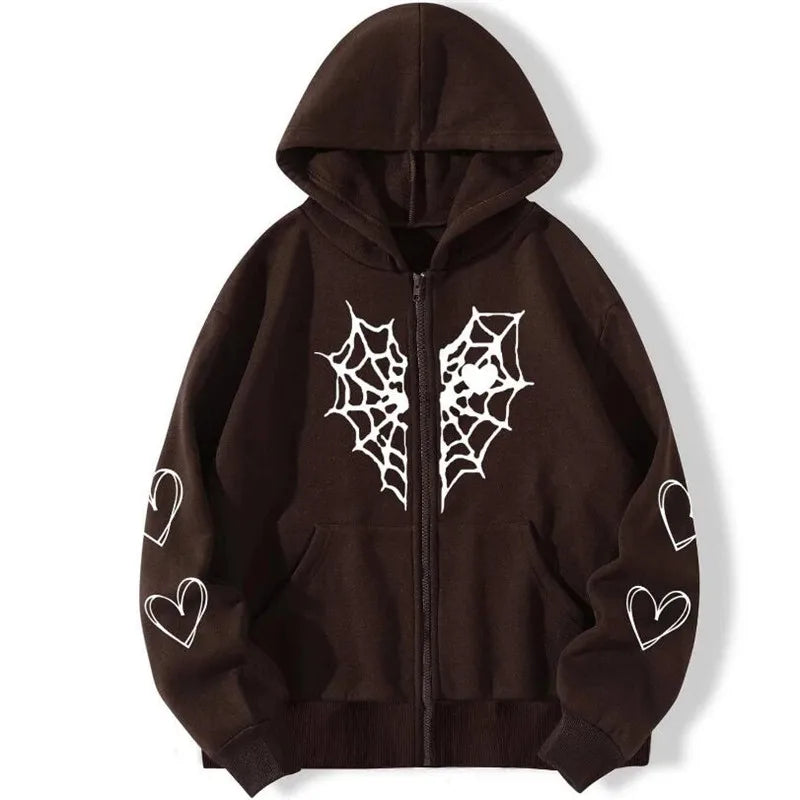 Y2K Rhinestone Cobweb Zip Up Oversized Sweatshirt 2022 Autumn Goth Hoodie Men Women Grunge Hooded Jacket Streetwear Y2K Clothing
