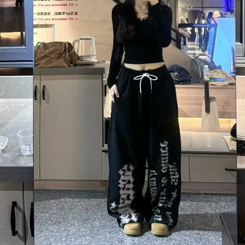 2026 Retro Y2K Women's Wide Leg Track Pants Casual Street Dance Baggy Joggers Sweatpants Trendy Print Letter Design Versatile