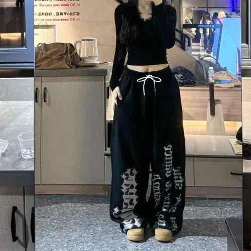 2026 Retro Y2K Women's Wide Leg Track Pants Casual Street Dance Baggy Joggers Sweatpants Trendy Print Letter Design Versatile