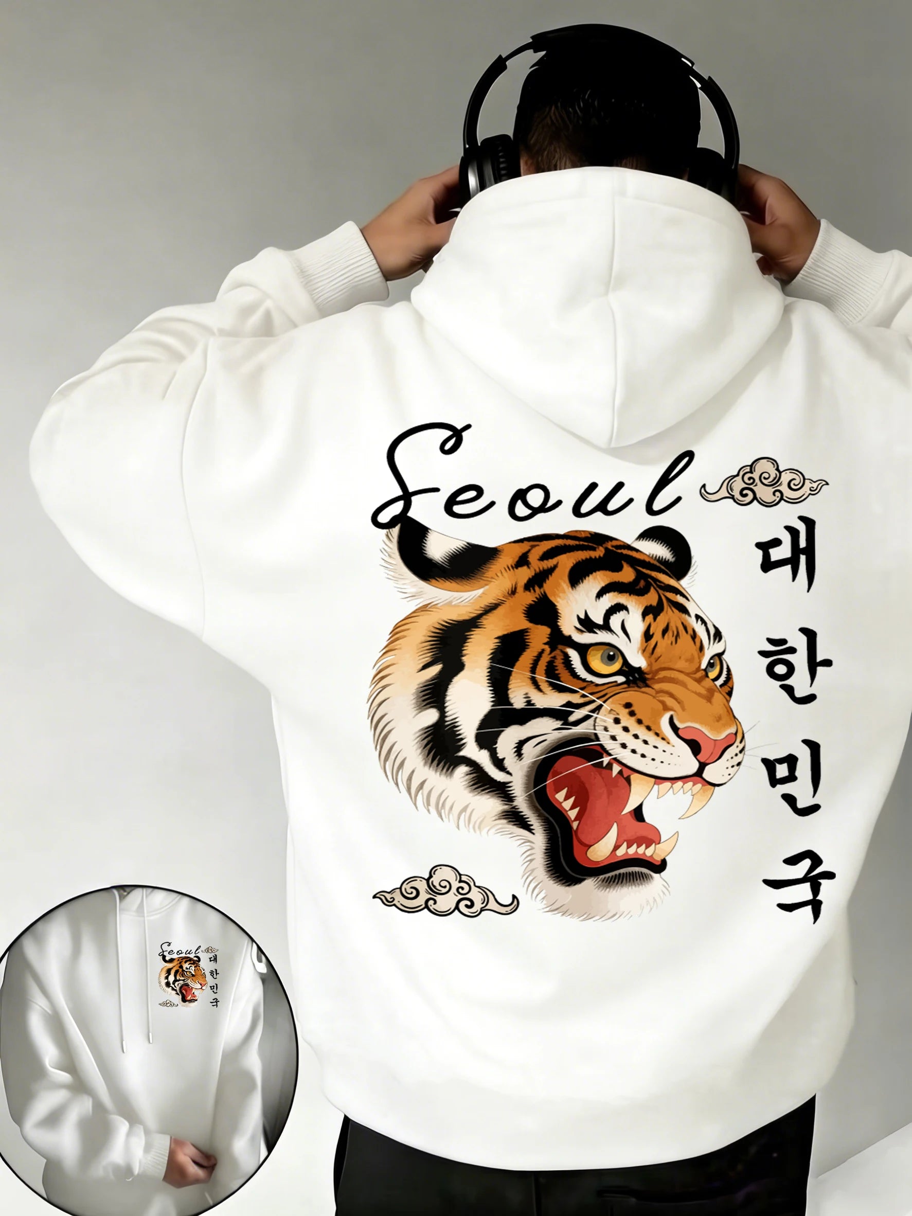 Seoul Korean Style Tigerprints Men Hip Hop Fleece Hoodies Casual Loose All-Match Clothes Unisex Vintage Pocket Long Sleeve