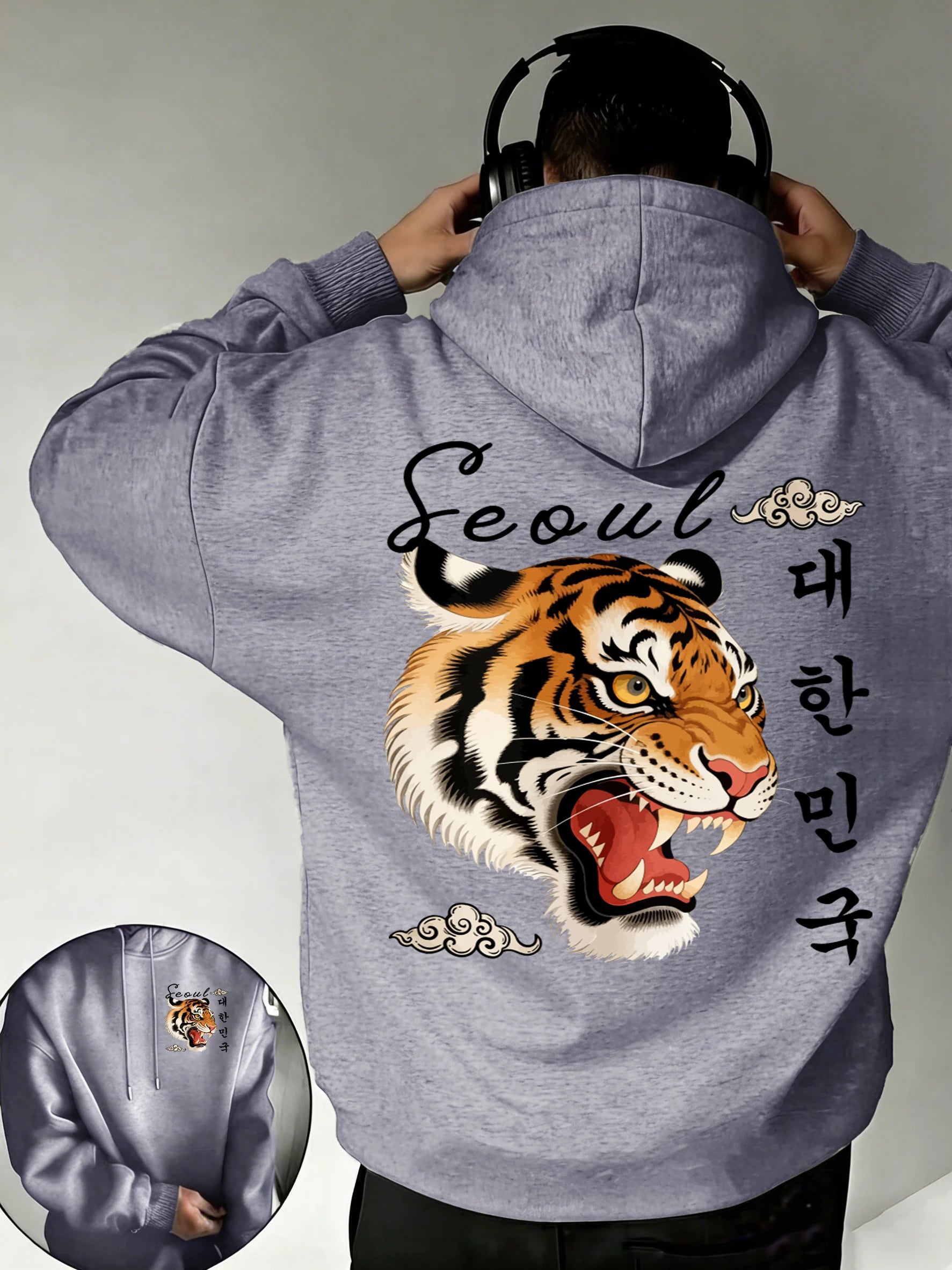 Seoul Korean Style Tigerprints Men Hip Hop Fleece Hoodies Casual Loose All-Match Clothes Unisex Vintage Pocket Long Sleeve