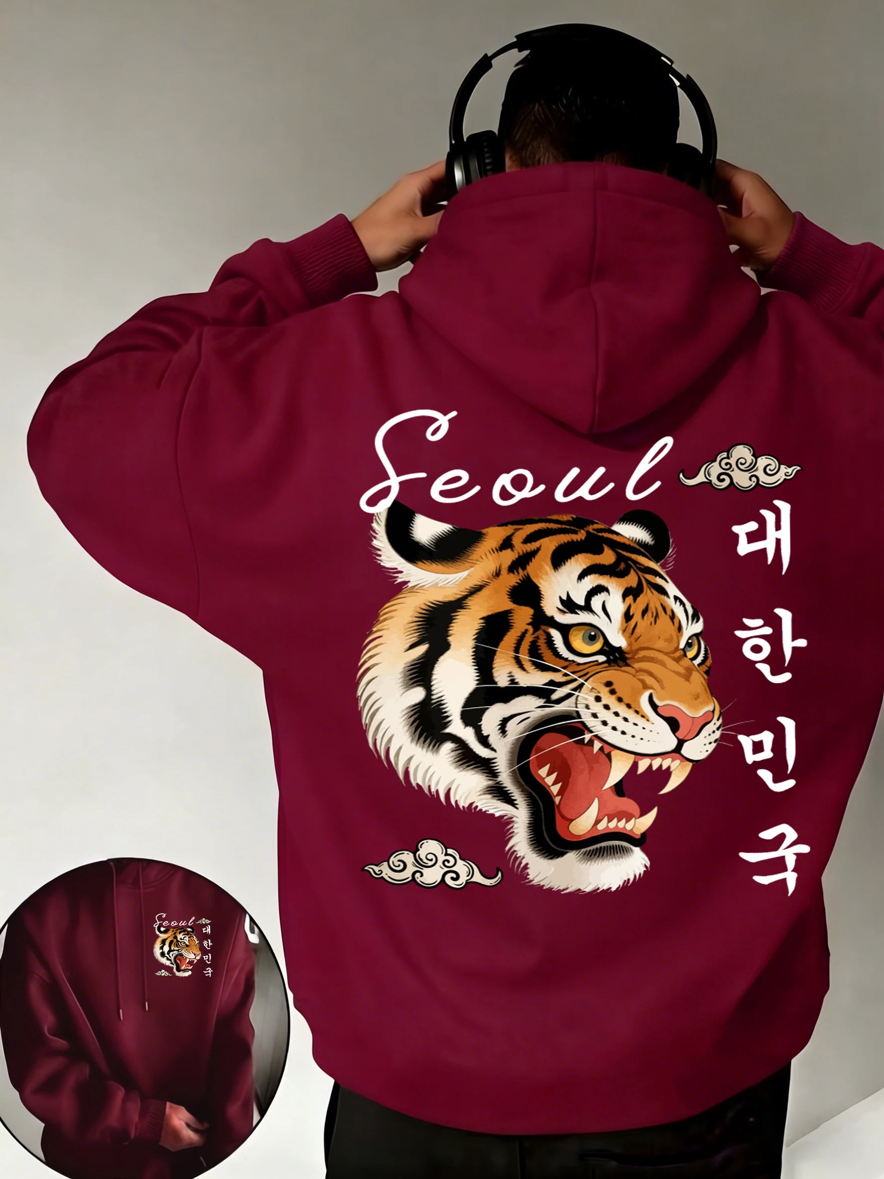 Seoul Korean Style Tigerprints Men Hip Hop Fleece Hoodies Casual Loose All-Match Clothes Unisex Vintage Pocket Long Sleeve