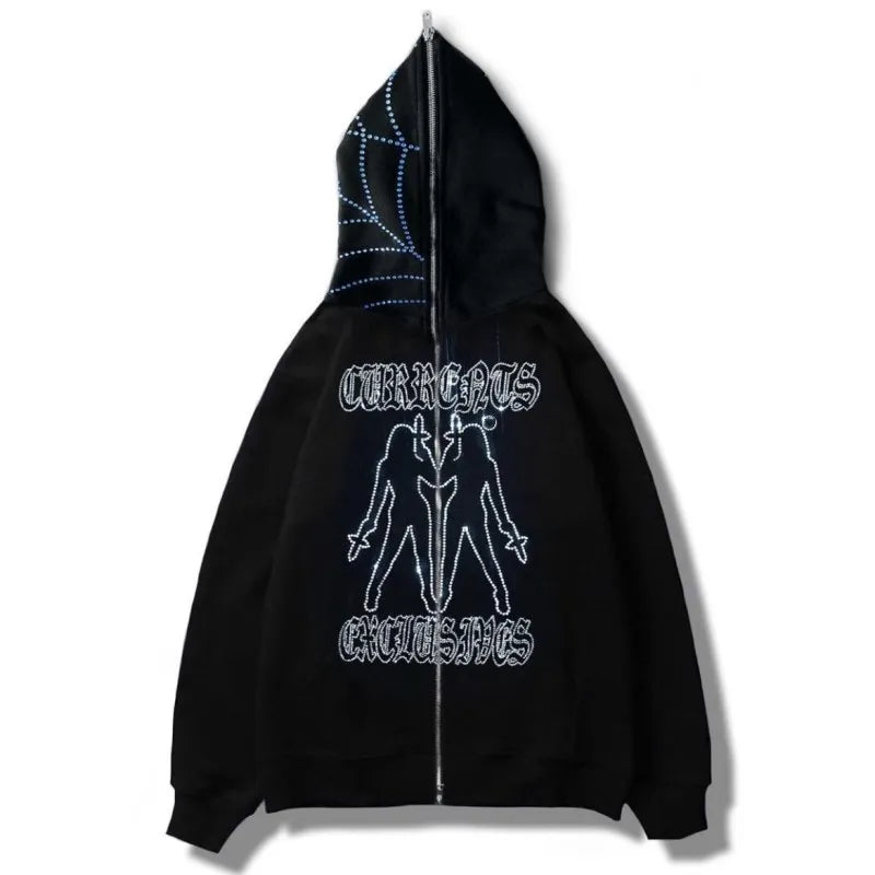 Y2K Rhinestone Cobweb Zip Up Oversized Sweatshirt 2022 Autumn Goth Hoodie Men Women Grunge Hooded Jacket Streetwear Y2K Clothing